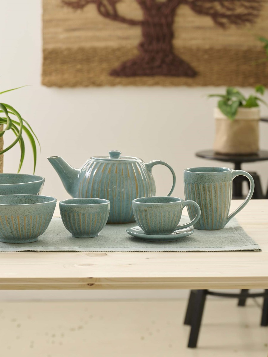 Teiera in ceramica AQUA thimi, Altromercato, e le tazze coordinate