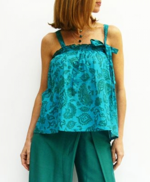 Top Azzurrite senza maniche in cotone stampato color Blu Pavone