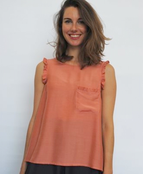 Top camicia in seta lino senza manica Simina color Blu Mirtillo