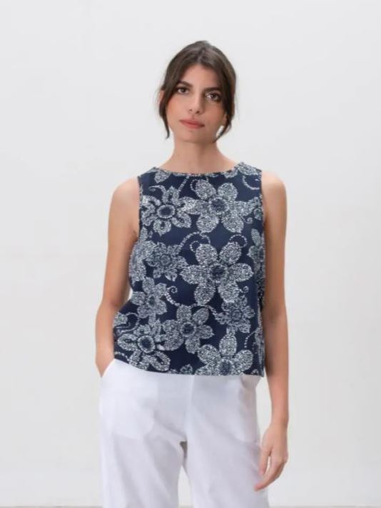 Top in cotone seersucker blu