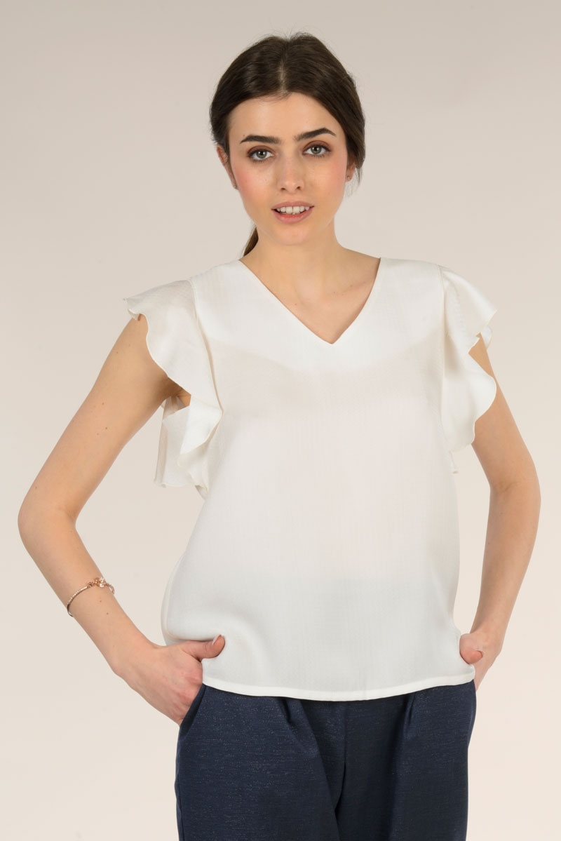 Top con scollo a V e maniche al aletta voile SCILLA avorio - Quid
