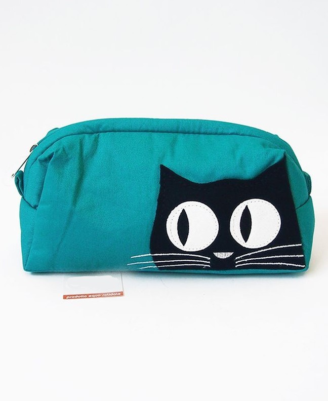Trousse porta trucchi gatto, in tessuto Blu petrolio