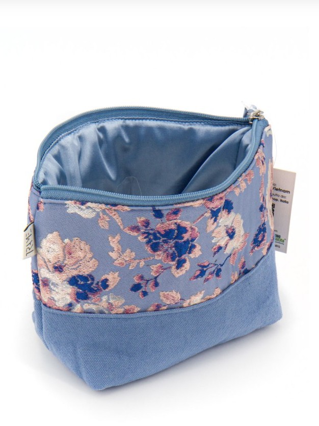 Trousse porta trucchi media in tessuto broccato floreale azzurro