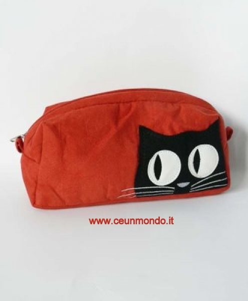 Trousse portatrucco GATTO in tessuto Rosso-nero 21x11cm