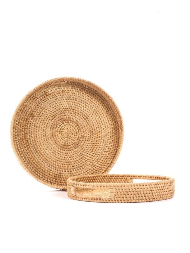 Vassoi in rattan rotondi con manici