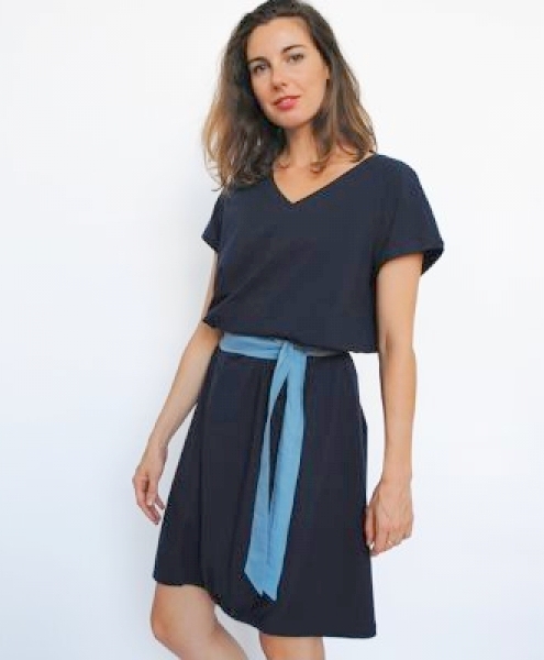Abito in cotone biologico elasticizzato con maniche corte fondo palloncino Janet Blu