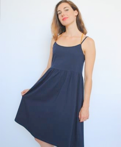 Vestito in cotone biologico elasticizzato spalline intrecciate Ania Blu