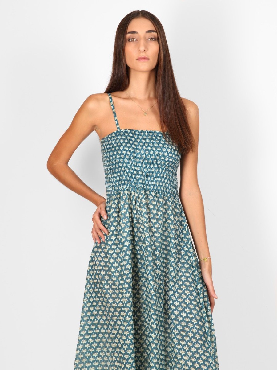 Vestito lungo estivo disegno PALM BLUE, honeycomb Mandum