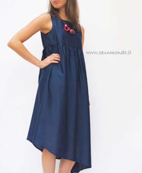 Vestito taglio impero asimmetrico in seta-cotone Blu pacifico